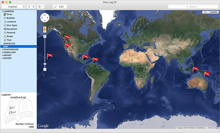 See all of the Dive Site’s you’ve been to on the map - the flag will show the name, rating, and #of dives done there!