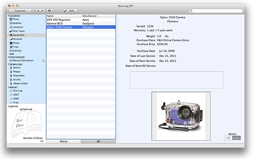 Dive Log DT - Equipment information