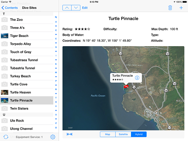 Show Dive Sites on a map using Dive Log for iOS on an iPad